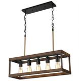 Farmhouse Kitchen Light Fixtures 5-Light Metal Dining Room Light Fixture Industrial Chandelier for Dining Room Pool Table Kitchen Island Rustic Wood Grain Finish.(No grid - deep wood grain)