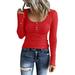knqrhpse Crop Tops Womens Tops Women Long Sleeve Button Down Slim Fit Tops Scoop Neck Ribbed Knit Shirts Hoodies For Women Red XL