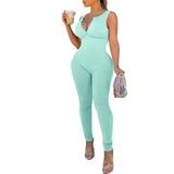 BUYISI Women Sleeveless Jumpsuits Ribbed Bodycon Backless Rompers Summer Yoga Bodysuit L Green