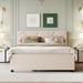 Queen Size Upholstered Platform Bed with Trundle and 2 Drawers, Save Space Solid Wood Bedframe w/Brick Pattern Headboard, Beige