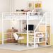 Full Size Metal Loft Bed with Desk, Storage Staircase and Small Wardrobe, White