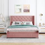 Queen Size Velvet Upholstered Storage Bed with Big Drawer, Wood Platform Bed Frame with Wingback Headboard, No Box Spring Needed