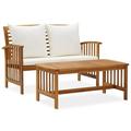 moobody 2 Piece Patio Lounge Set with Cream Cushions Garden Bench Chair and Coffee Table Conversation Set Acacia Wood Outdoor Sectional Sofa Set for Garden Balcony Yard Deck