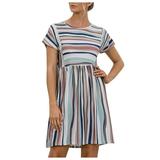 knqrhpse Casual Dresses Summer Dress Casual Dress Women s Dress Dress Dress O-Neck Button Striped Mini Casual Summer Women s Dress Womens Dresses Khaki Dress S