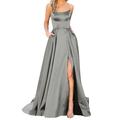 knqrhpse Sundresses for Women Wedding Guest Dresses Maxi Dress Casual Dress Prom Dresses Ladies Long Women Elegant Backless Side Slit Wedding Evening Party Dress With Pockets Grey Dress 3Xl