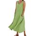 knqrhpse Sundresses for Women Casual Dresses For Women Linen Dress Womens Solid Color Round Neck Pockets Casual Long Dress Daily Tank Dress Womens Dresses Green Dress M