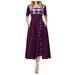 knqrhpse Casual Dresses Summer Dress Midi Dresses for Women Women Vintage Princess O Neck 3/4 Sleeved Button Party Aline Swing Mini Dress Womens Dresses Purple Dress Xl