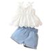 Summer Toddler Girls Sleeveless Solid Color Ruffles Tops Denim Shorts Two Piece Outfits Set For Kids Clothes Twins Clothes Girls Baby Band Outfits