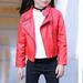 Lilgiuy Girls Motorcycle Jacket Autumn And Winter Solid Color Faux Leather Lapel Zipper Crop Coat for Travel PhotoShoot Red(3-13Y)