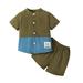 Mikrdoo Baby Boys Outfits Color Block 4 Years Toddler Boys Woven Label Pocket Tops 5 Years Boys Elastic Shorts 2Pcs Summer Casual Clothes Set Green