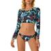 Women s Two Piece Swimsuit Long Sleeve Sun Protection Swimsuit Crop Swim Tops Bathing Surfing Rash Guard Suits-XL(Blue)