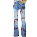 JWZUY Womens Jeans Pants Button Waist Full Pants Dressy Trouser Flare-Leg Pant Plus Size Softball Print Pant with Pocket Blue XXXL