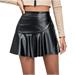 A Line Mini Skirts for Womens Faux Leather Layered Ruffle Pleated Tennis Skirts Golf High Waisted Short Skirts (X-Large Black)