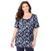 Plus Size Women's Jeweled Neck Pintuck Top by Catherines in Navy Brushstroke Plaid (Size 0X)