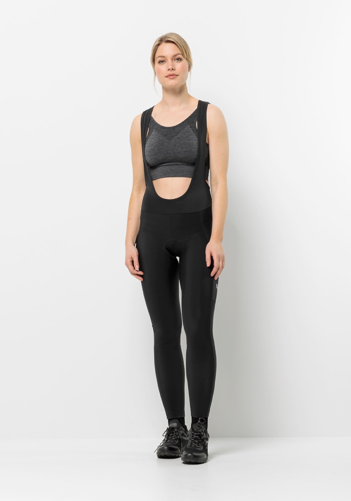 Fahrradhose JACK WOLFSKIN "MOROBBIA BIB TIGHTS W", Damen, Gr. L (42/44), Normalgrößen, schwarz, 1. OBERSTOFF 84% POLYAMID, 16% ELASTHAN 2. OBERSTOFF 80% POLYAMID, 20% ELASTHAN 3. OBERSTOFF 85% POLYESTER, 15% ELASTHAN, Hosen Image