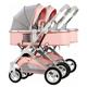 Tandem Double Stroller Infant and Toddler,Reversible Bassinet Twins Pram,Double Infant Stroller,Twin Baby Pram Stroller,Detachable Pushchair Side-by-Side Tandem Stroller (Color : Pink)