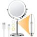 Houflody Lighted Makeup Mirror with Magnification 10X 3 Color Dimmable Lights & Height Adjustable 7 Cosmetic Mirror 360Â° Swivel Double Sided Rechargeable LED Vanity Mirror-Sliver