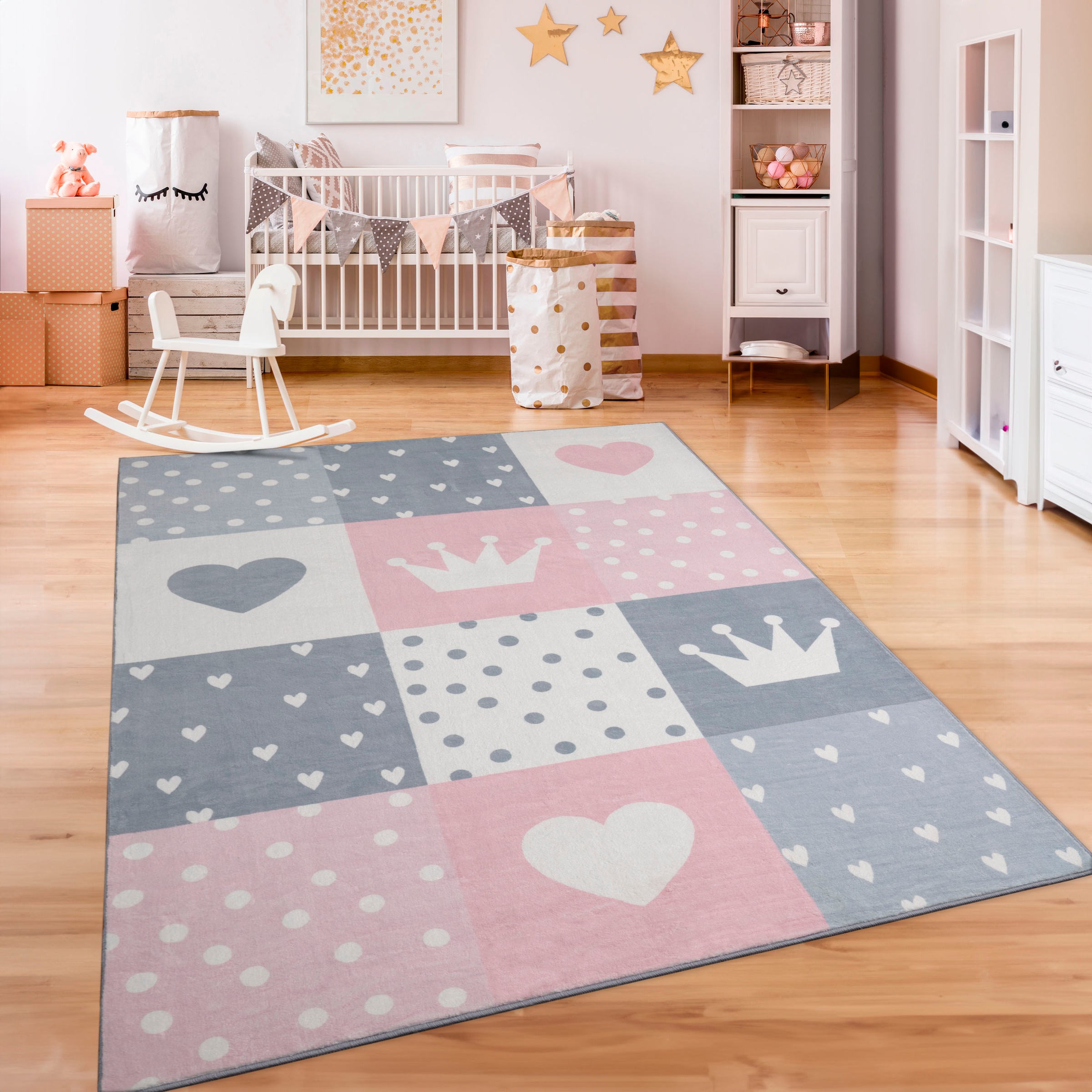 Kinderteppich PACO HOME "Eliz 391", pink, B:160cm H:12mm L:220cm, Polyester, Teppiche, Kurzflor, Spielteppich, Patchwork-Muster, Motiv Krone, Herz & Punkte Image