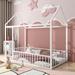 Twin Size House Bed with Rails, Metal Floor Bed for Kids, Montessori Bed Frame with Roof, Twin Playhouse Bed for Boys Girl,White