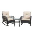 QJUHUNG 3 Pieces Wicker Patio Rocking Chair Set Rattan Rocking Chair Furniture with Glass Table Dark Brown