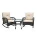 QJUHUNG 3 Pieces Wicker Patio Rocking Chair Set Rattan Rocking Chair Furniture with Glass Table Dark Brown