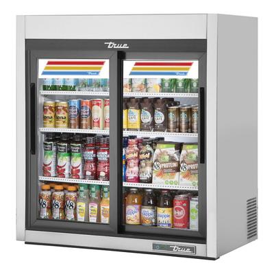 True GDM-09-SQ-S-HC-LD 36" Stainless Steel Refrigerated Sliding Glass Door Countertop Merchandiser with LED Lighting