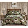 Rustic Lodge Quilt Set Moose Elk Bedspread Full/Queen Size Forest Bear Deer Quilt Matcha Green Reversible Festive Cabin Coverlets Farmhouse Decor Bed Cover Sets with 2 Pillow Shams