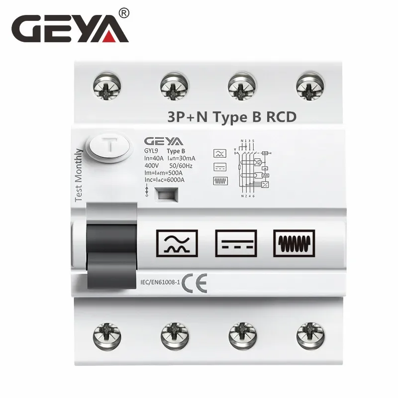 GEYA GYL9 Typ B RCD DIN-Schienen-Erdleckstromschutzschalter DC RCCB RCD 2P 4P 63A 30mA 100mA 300mA 6KA IEC62423 Image