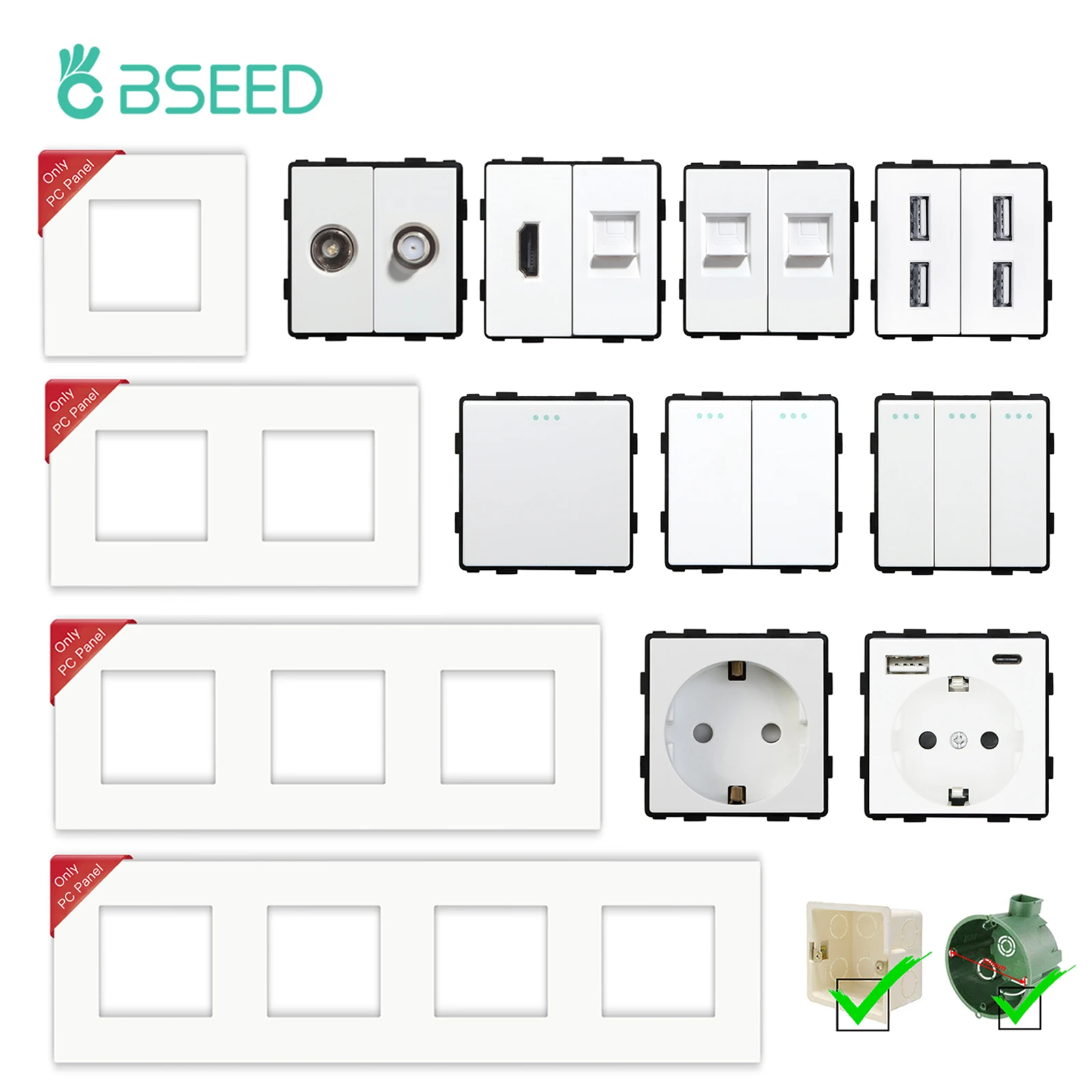 BSEED Matte Kunststoff Rahmen EU Wand Stecker RJ45 TV ST HDMI CAT5/6 USB Steckdosen Mechanische Schalter Funktion Teile DIY freie Kombination Image