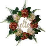 Hello Letter Decor Summer Artificial Hydrangea Wreath - Orange White Hydrangea False Wreath - Leaves Decor - Front Door Wall Hanging - Fake Festival Wreath