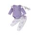 Arvbitana 3Pcs Infant Baby Girls Romper Outfits Ruffle Long Sleeve Romper + Bow Floral Print Pants + Bow Headband Set Newborn Casual Clothes 0-18M