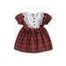 Sunisery Toddler Christmas Summer Plaid Dress Red Short Sleeve Button Lace Trim Princess Dress