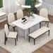 6-Piece Dining Table Set with 4 Upholstered Chairs & 1 Bench, Wood Dining Table with Faux Marble Tabletop & Double Pedestal Base