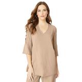 Plus Size Women's Embellished Lattice-Sleeve Ultrasmooth® Fabric Top by Roaman's in New Khaki Sparkle (Size 26/28)