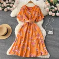 YuooMuoo-Robe longue imprimée à fleurs pour femme avec ceinture robe de soirée élégante mode