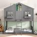 Gray House Bunk Bed with Window, Roof, Door, and Window Box, Low Height Twin over Twin Bed with Safety Guardrails and Ladder