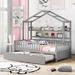 Gray Wooden Twin Size House Bed with Trundle and Shelves, Playhouse Design for Kids, Superior Pinewood Quality