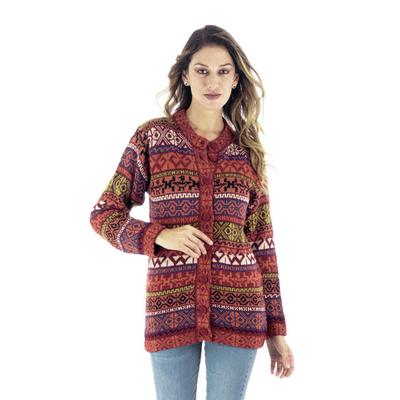 Empire Memories,'Handwoven Cherry Alpaca Blend Cardigan with Inca Motifs'