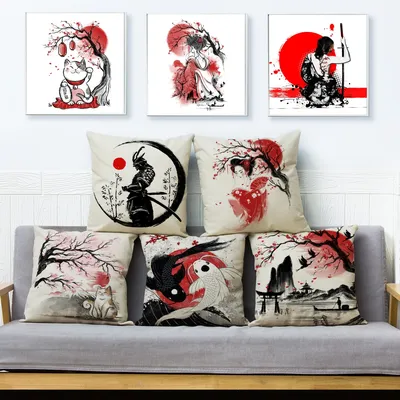 Tintenkissenbezug im japanischen Stil für Sofa, Zuhause, Auto, Dekoration, schöne Landschaft, Image