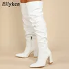 Eilyken Winter Frauen Overknee Stiefel Punk Stil Platz High Heel Zipper Schuhe Plissee Spitz Damen