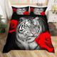 3D Printed Tiger Bedding Sets, Red Rose Soft Microfiber Duvet Cover Animal Comforter Cover Double Size 200x200cm with 2 Pillowcases 50x75 cm