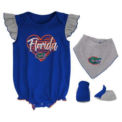 Florida Gators All The Love Bodysuit, Lätzchen und Schühchen, Set für Neugeborene und Kleinkinder, Royal/Heather Gray