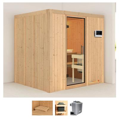 Sauna KARIBU "Sodin", beige (naturbelassen), Saunaofen, externe Steuerung, 9 kW, Saunen, 9 KW-Ofen mit externer Steuerung