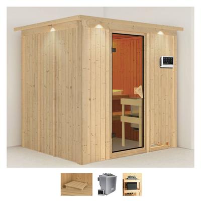 Sauna KARIBU "Sodin", beige (naturbelassen), Bio-Kombiofen, externe Steuerung, 9 kW, Saunen, 9 KW-Bio-Ofen mit externer Steuerung