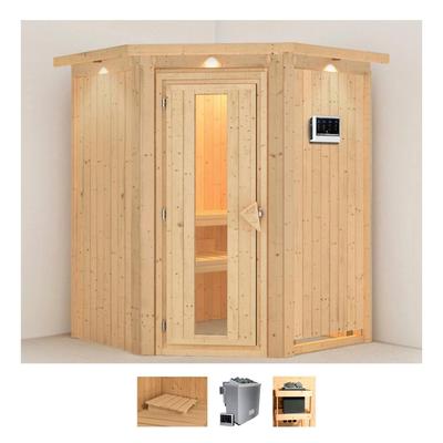 Sauna KARIBU "Larin", beige (naturbelassen), Bio-Kombiofen, externe Steuerung, 9 kW, Saunen, 9 KW-Bio-Ofen mit externer Steuerung