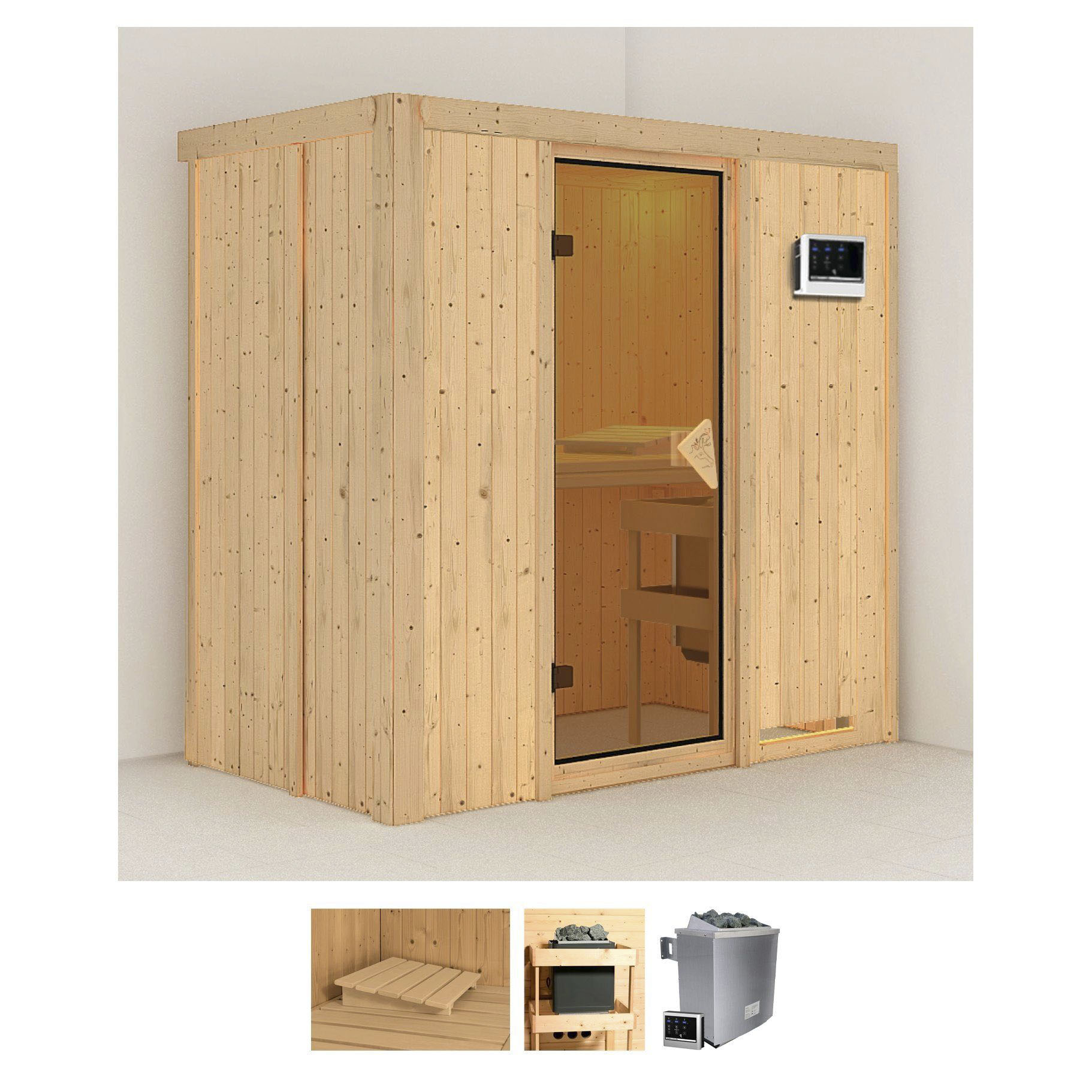 Sauna KARIBU "Vada", beige (naturbelassen), Saunaofen, externe Steuerung, 9 kW, Saunen, 9 KW-Ofen mit externer Steuerung Image