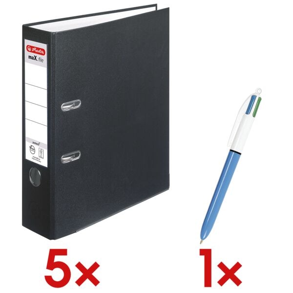 Herlitz 5x Ordner »maX.file protect« breit inkl. 4-Farb-Kugelschreiber »4 Colours« schwarz, 8x31.8x28.5 cm Image