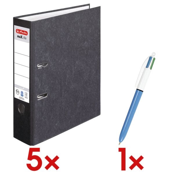 Herlitz 5x Ordner »maX.file nature« breit inkl. 4-Farb-Kugelschreiber »4 Colours« schwarz Image