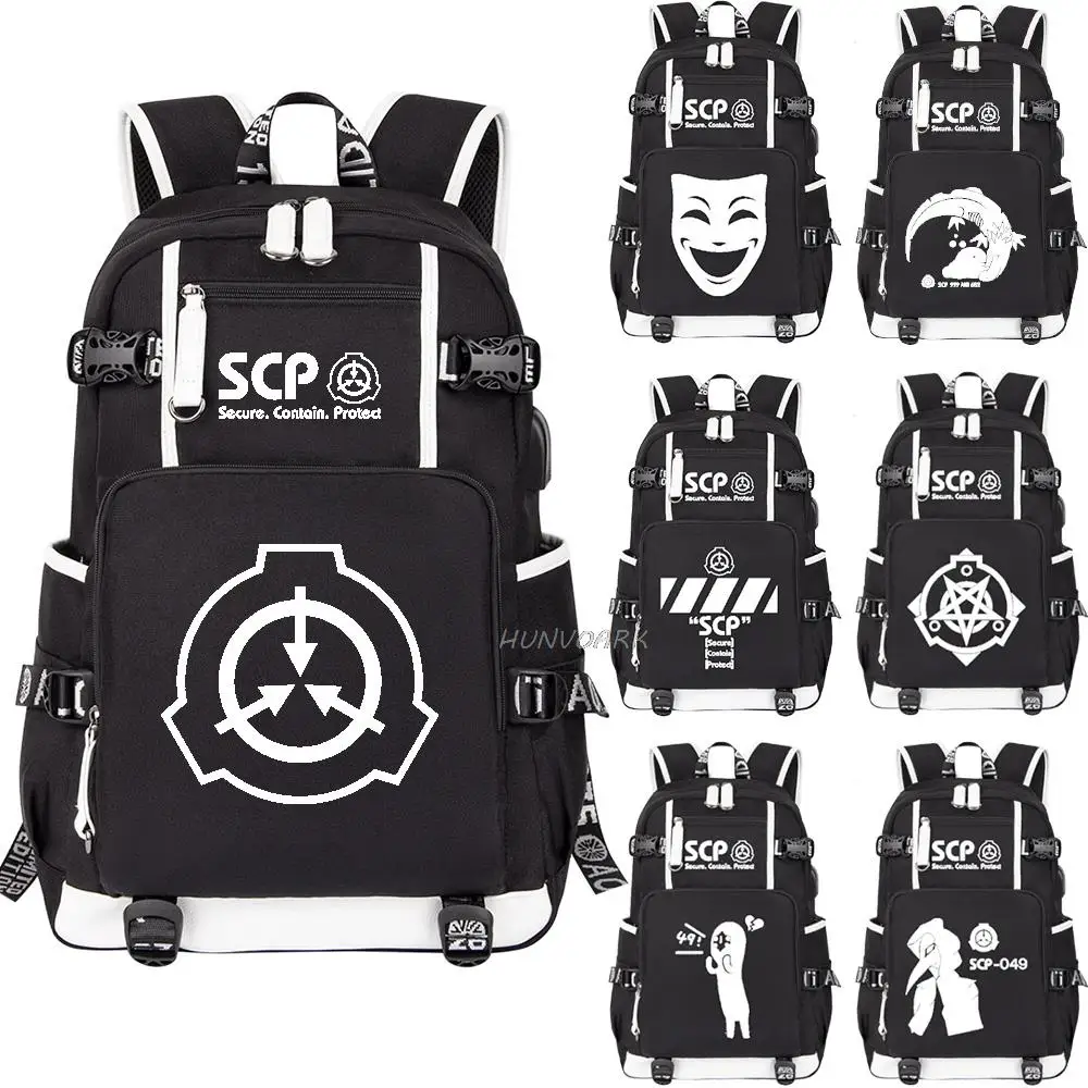 SCP Foundation sac à dos noir Bookbag dessin animé sacs d'école pour adolescents SCP voyage sac à dos USB ordinateur portable sacs à bandoulière