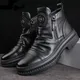 Men's Motorcycle Leather Boots British Style Round Head High Top Shoes Side Zip Walking Casual